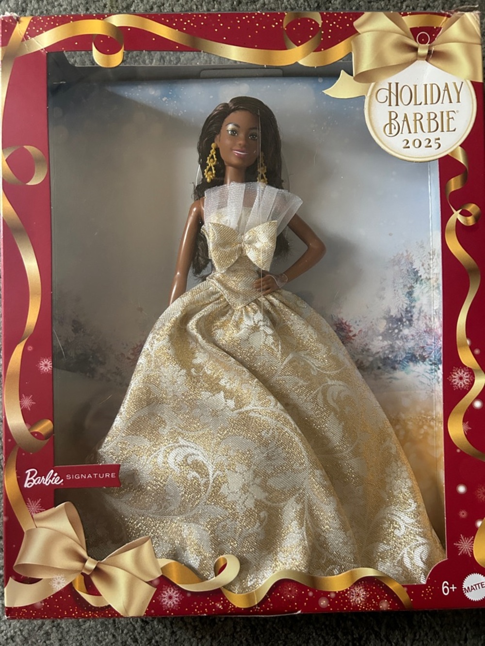 Barbie Holiday Barbie 2025 Gold Brocade Evening Gown Doll